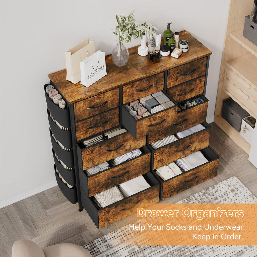 Dresser with 12 Drawer, Storage Organizer Unit with Fabric, Sturdy Metal Frame, Wood Tabletop, Easy Pull Handle...