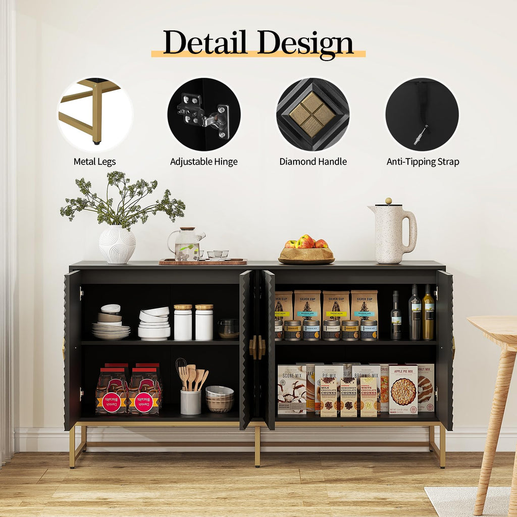 Sideboard Buffet Cabinet with Storage - Accent Storage Cabinet with Doors, Wood 4 Doors Cabinet with Metal Legs, 60"