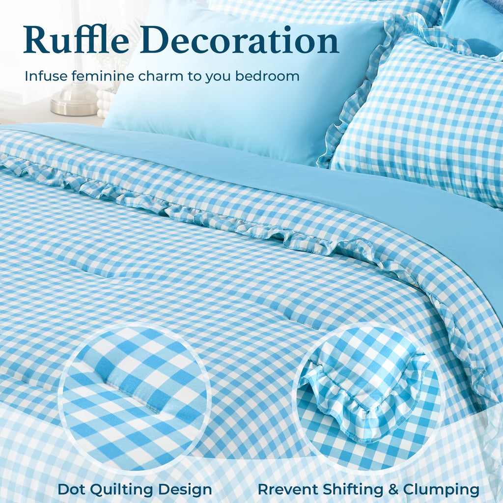 7 Pieces Gingham Ruffle Comforter Set, Blue Grid Tartan Bedding Set, Soft Breathable Fabric Comforter