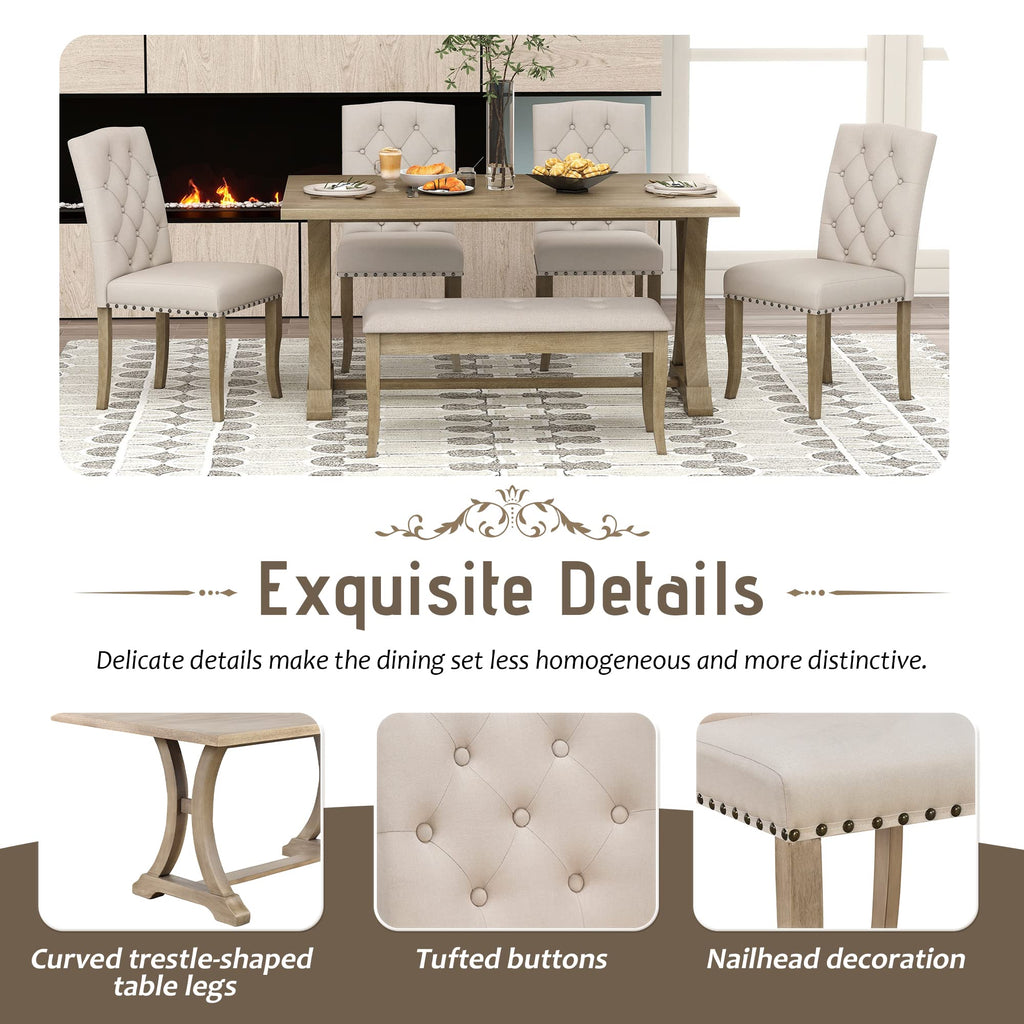6-Piece Kitchen Dining Table Set, Farmhouse Dining Table Set with Rectangular Table and 4 Upholstered Chairs & Bench