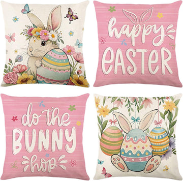 Easter Pillow Covers 18x18, Happy Easter Spring Pillow Cases, Spring Home Decor for Couch, Farmhouse Party - Set of 4