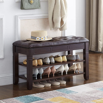 Shoe Storage Bench with Cushion, Entry Bench with Storage Solid Wood Shoe Bench Ideal Living Room and Corridor