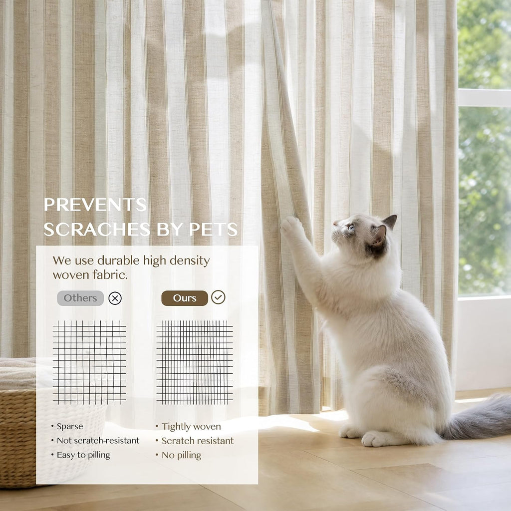 Beige Stripe Pinch Pleated Curtains 84 inches, Linen Blend Light Filtering Gingham Drapes with Memory Pleats for