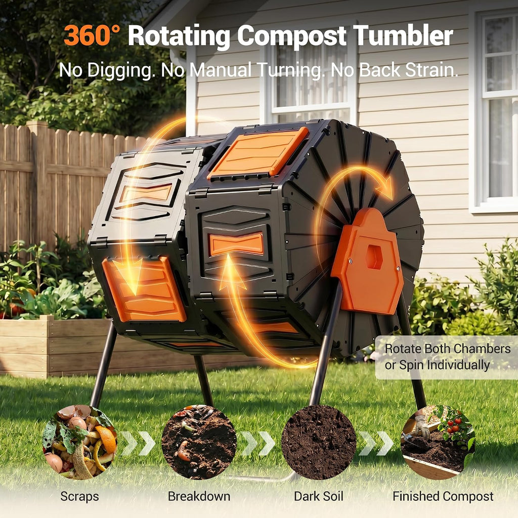 Composter Tumbler Outdoor, 45Gal Dual Chamber Batch Rotating Compost Tumbler, Easy Assembly/UV Resistant/BPA-Free/HOA