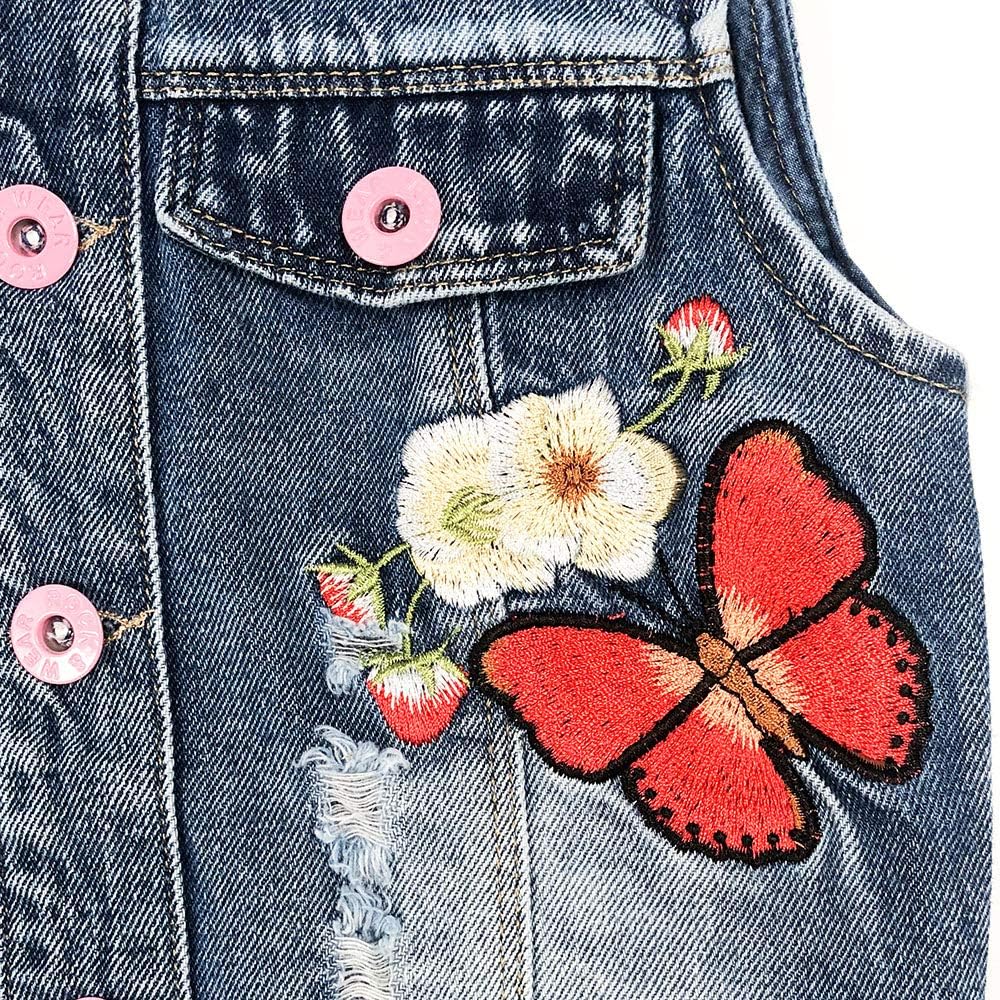 Little Big Girl Outfit Distressed Sleeveless Jacket Embroidered Sequins Butterfly Denim Vest