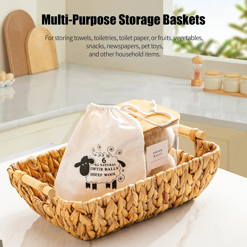 Woven Storage Baskets - Set of 3 Handwoven Water Hyacinth Wicker Baskets with Wooden Handles for Organizing
