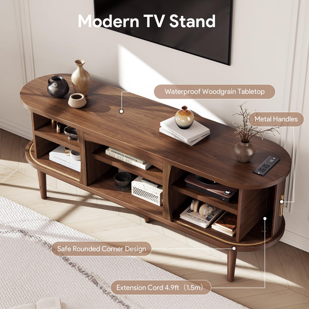 Mid Century TV Stand for TVs up to 65 Inches, Entertainment Center with Storage, Power Outlet, Fluted Sliding Doors &
