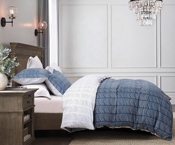 Navy and White Duvet Cover Set, 100% Cotton Bedding, Chevron Geometric Pattern, with Button Closure (3pcs)