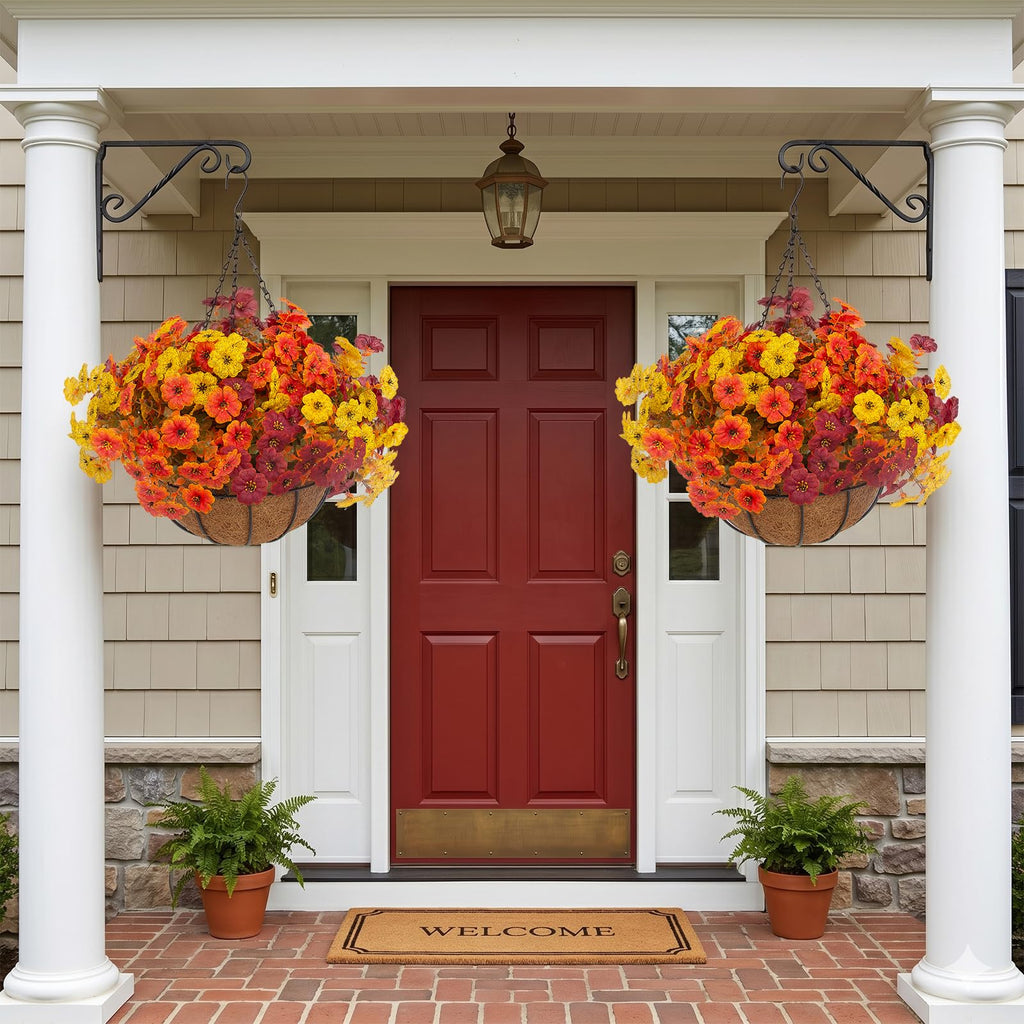2 Set Artificial Outdoor Fall Flowers with Hanging Basket, 2 Packs Hanging Planters with 24 Pcs Faux Fall Mums for