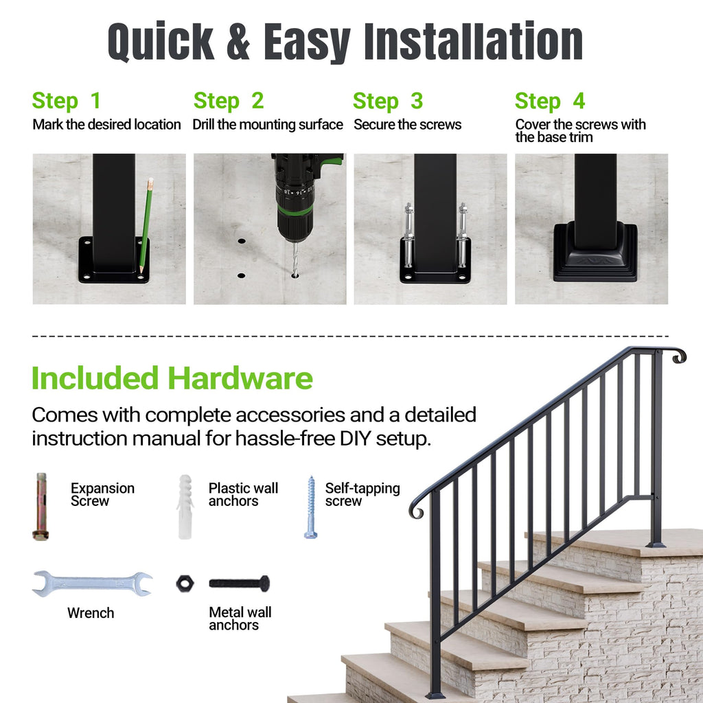 5 Step Handrails for Outdoor Steps, Wrought Iron Stair Railing Fits 4 or 5 Steps, Metal Hand Rail with Installation