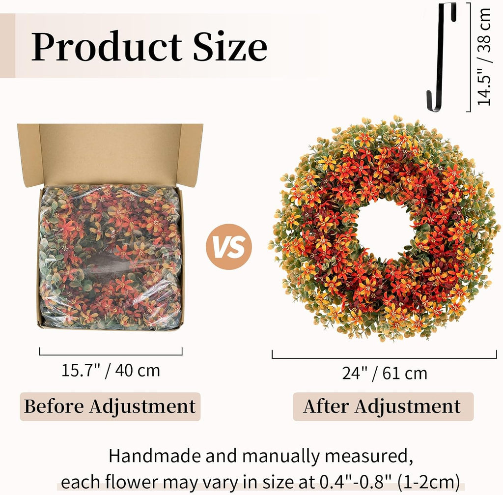 Fall Door Boxwood Wreath, 24 Inch Autumn Wreaths with Hanger