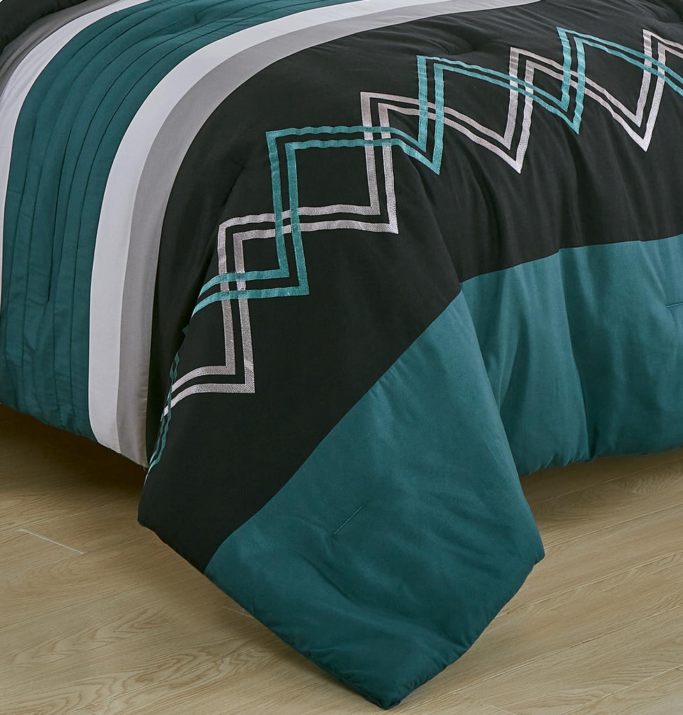 Jaxson Bed in a Bag 7-Piece Comforter Set with Sheets Modern Pleated Stripe Embroidered Teal/Black/Gray