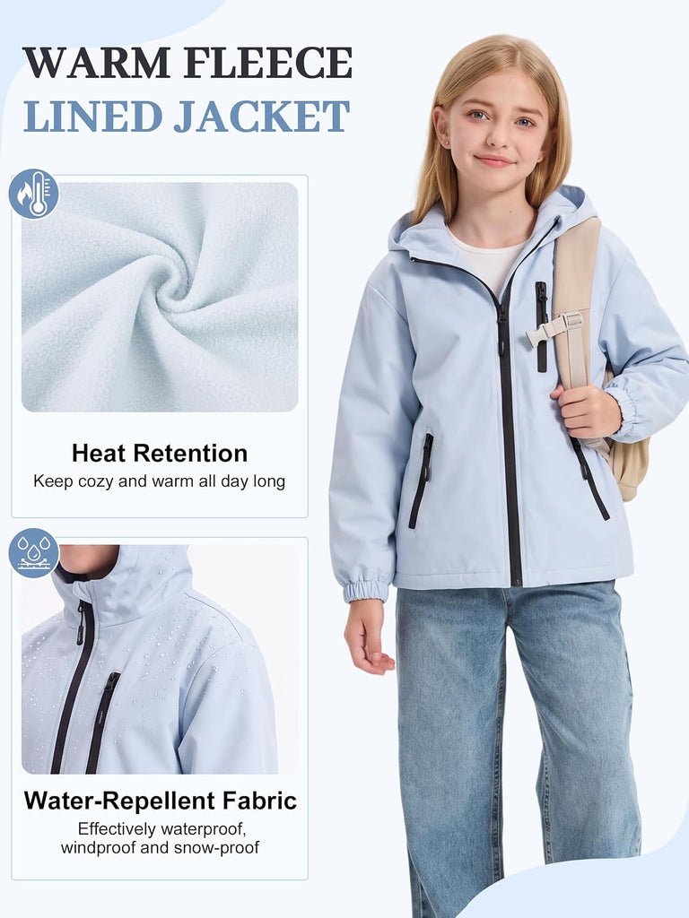 Girls Rain Jacket Fleece Lined Kids Raincoat Waterproof Hooded