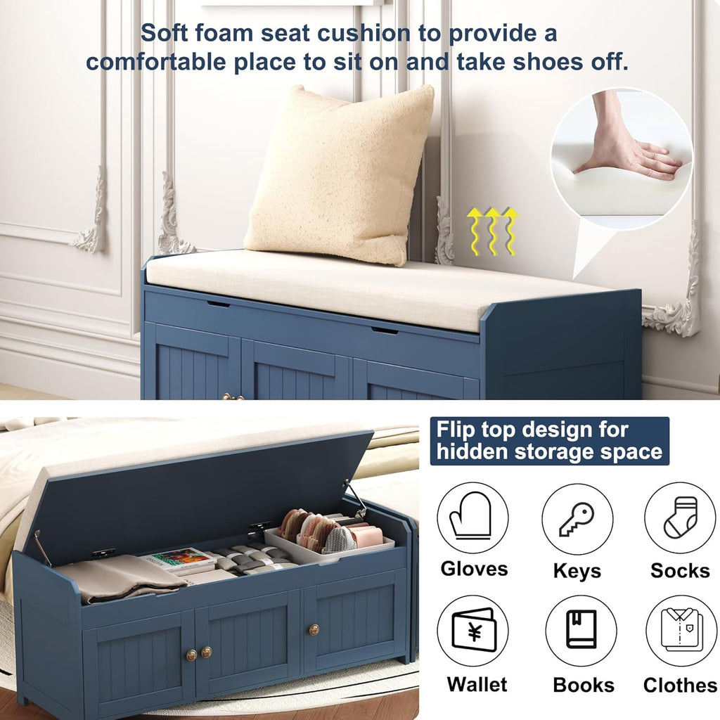 41.3" Shoe Bench with Lift Top Storage, Entryway Bench with Cushioned Seat, Wooden End of Bed Bench, Shoe Cabinet