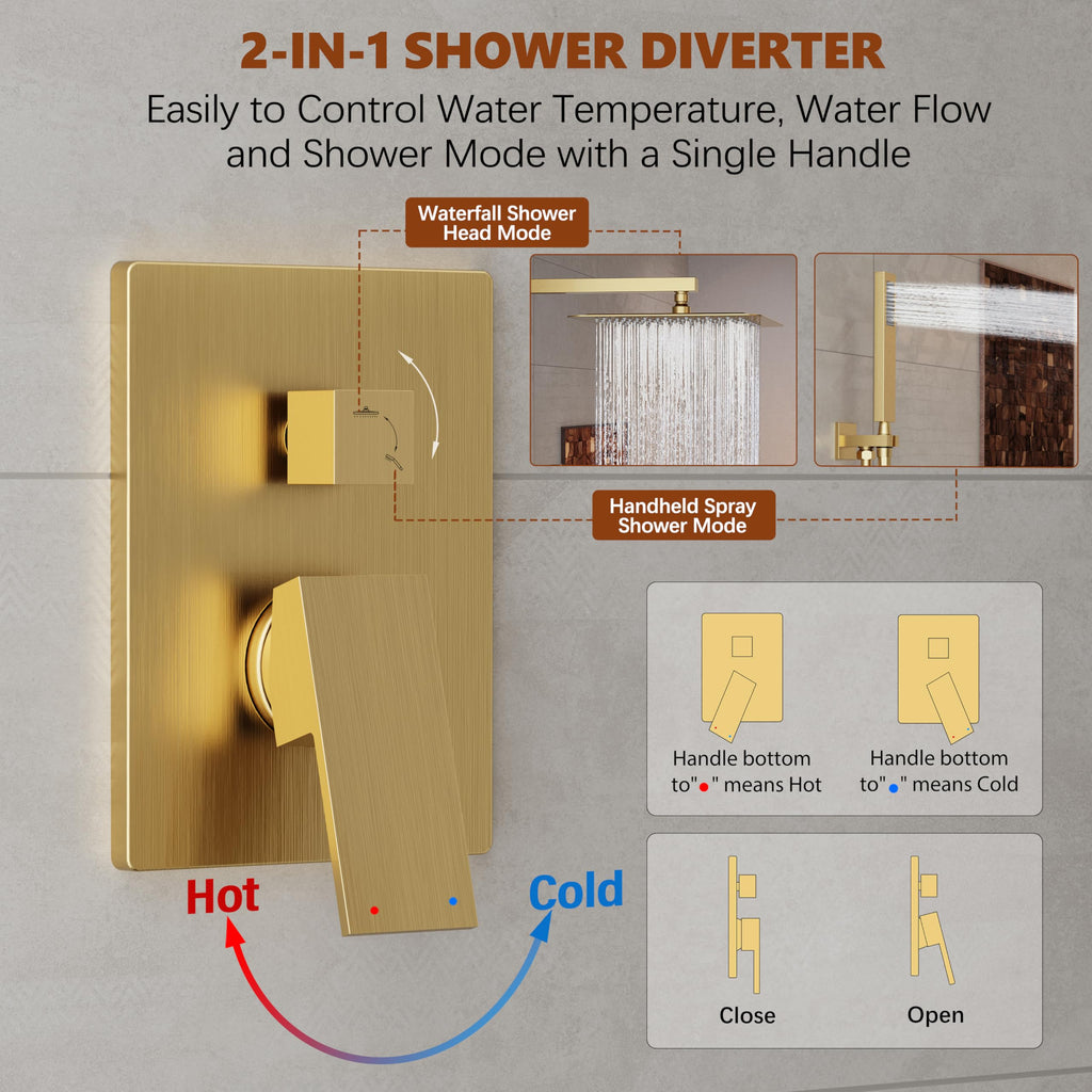 Gold Shower System, 10'' Gold Shower Head with Handheld Combo Spray