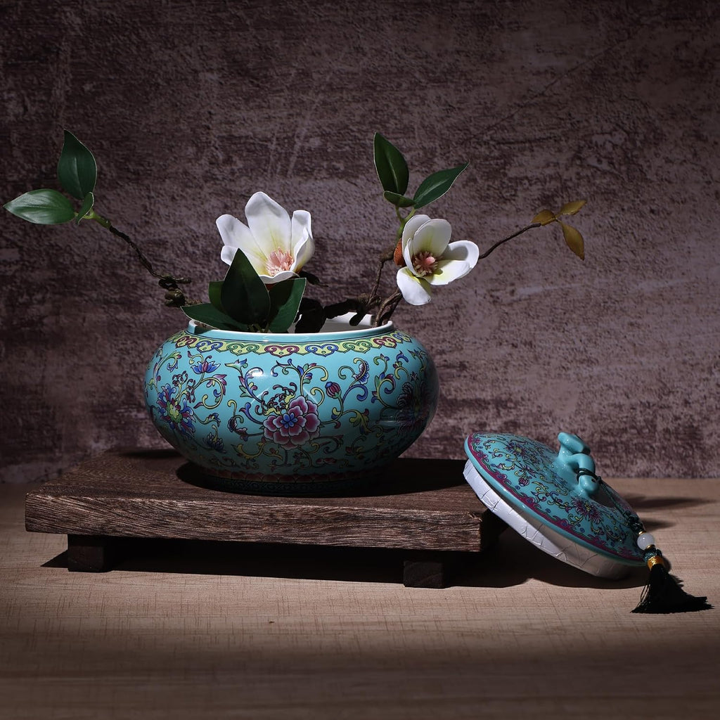 Decorative Ceramic Enamel Ginger Jar Decor - Blue and White Porcelain Storage Jar, Chinoiserie Flower Vase