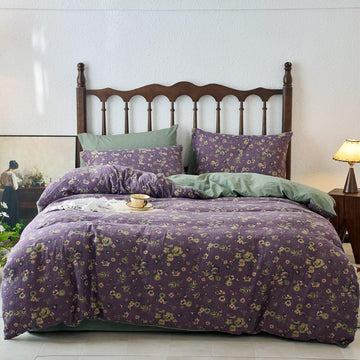 Jacquard Textured Muslin Duvet Cover Set King Size, Vintage Cottage Comforter Cover Purple Floral, Double-Layer Gauze