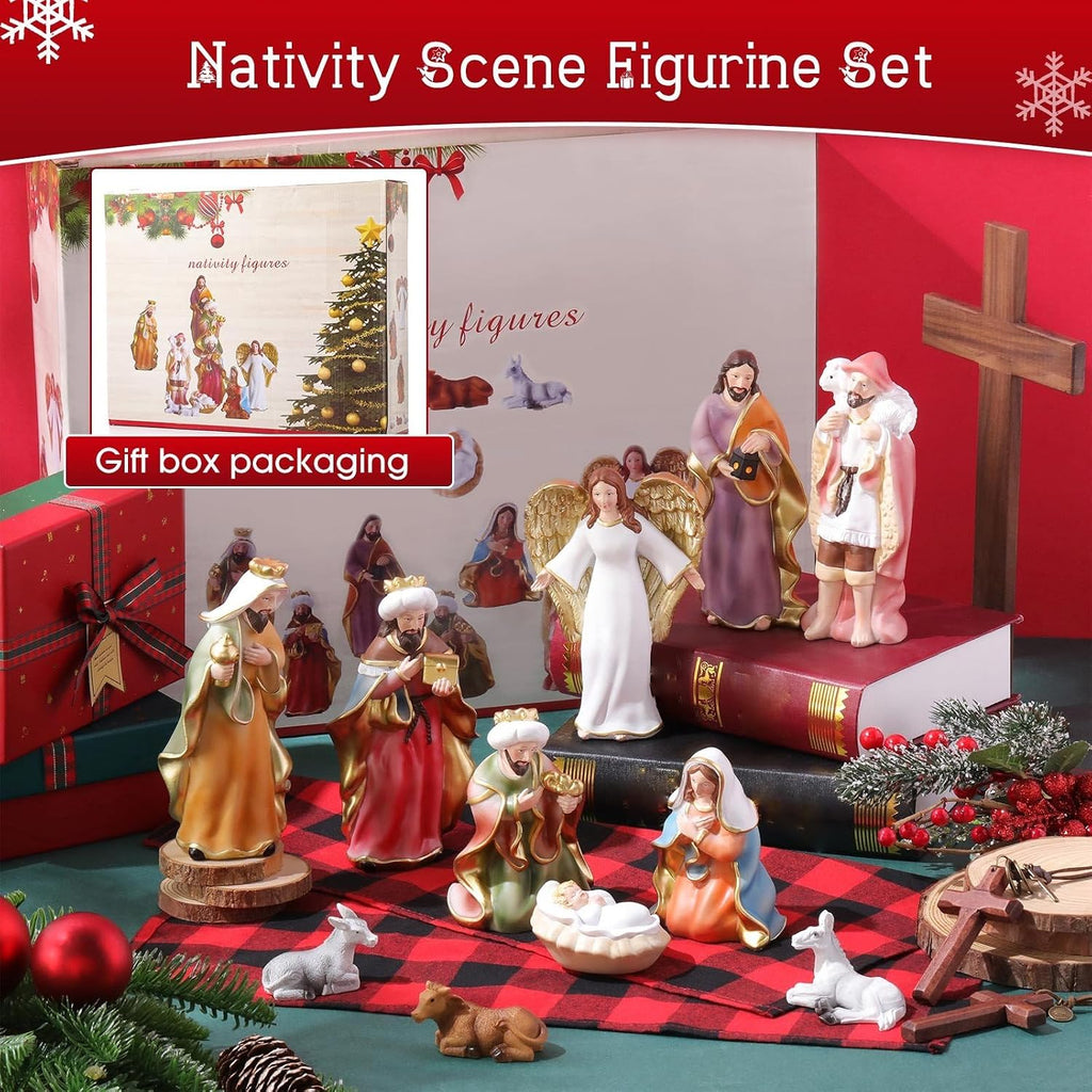 11 Pcs Christmas Nativity Gift Set Resin Nativity Scene Figurine Set 7 Holy Family Statue for Indoor Decoration Jesus