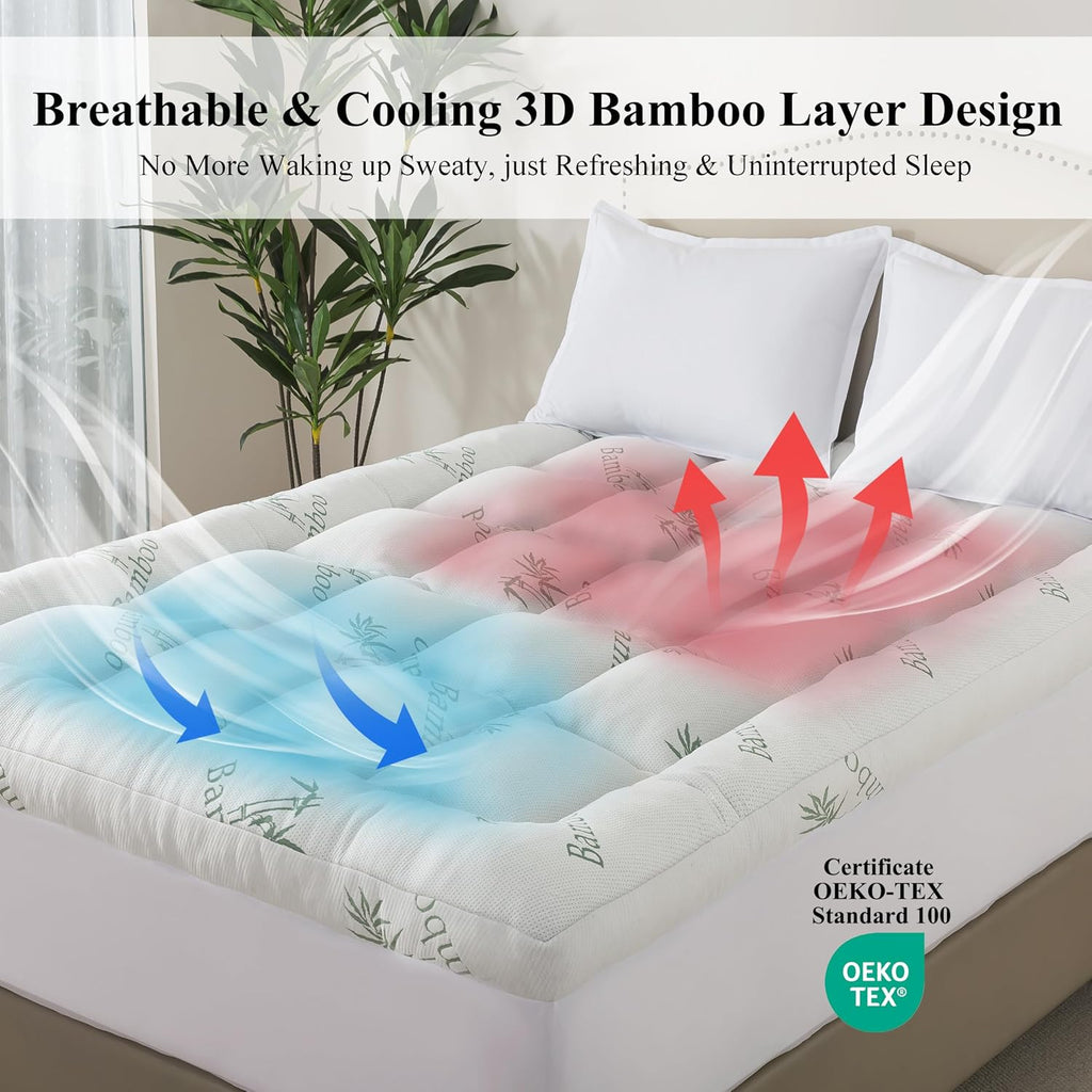 3 Inch Queen Size Memory Foam Mattress Topper for Back Pain Relief, Breathable Gel Memory Foam, Cooling Bamboo