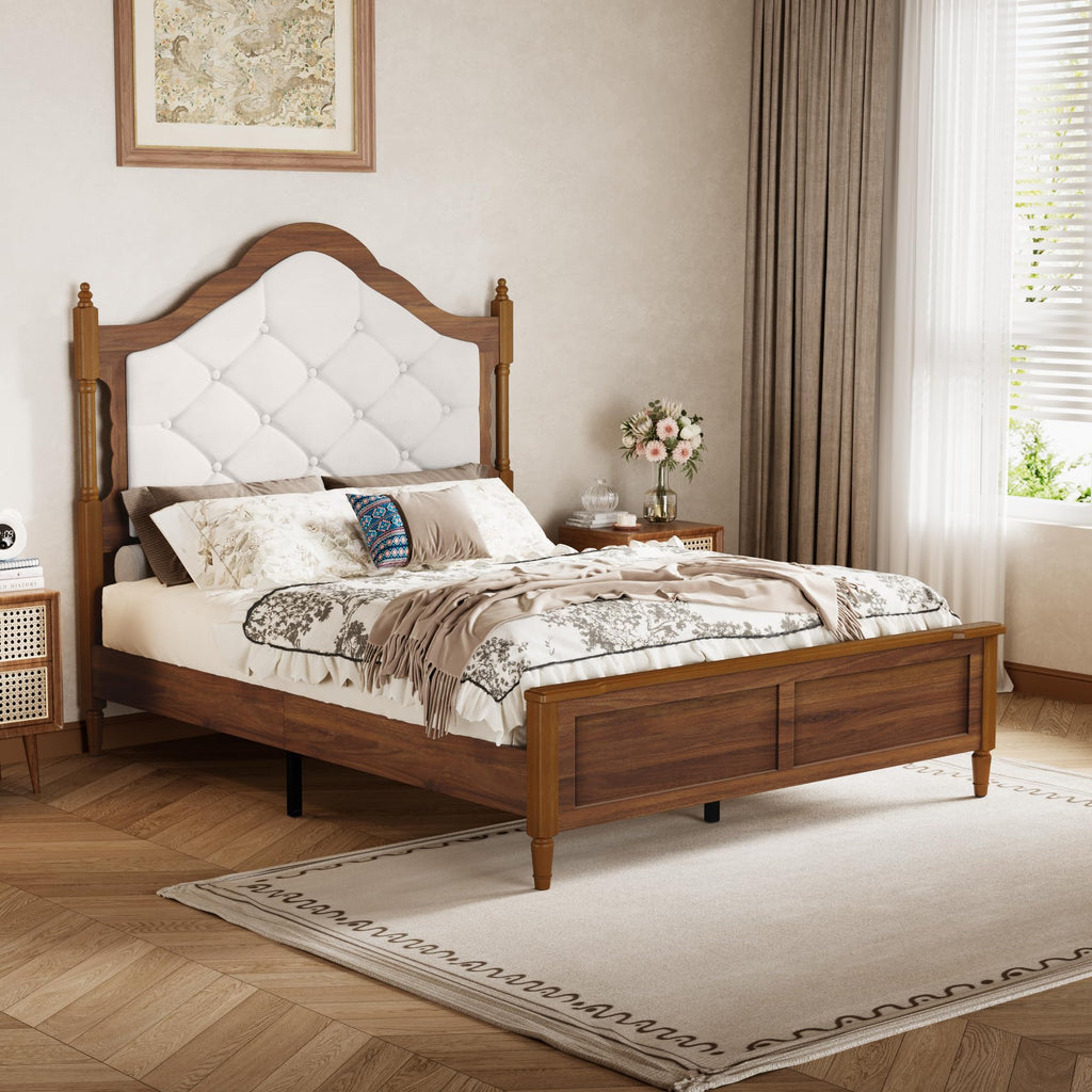 Vintage Platform Bed, Bed Frame with Upholstered Headboard