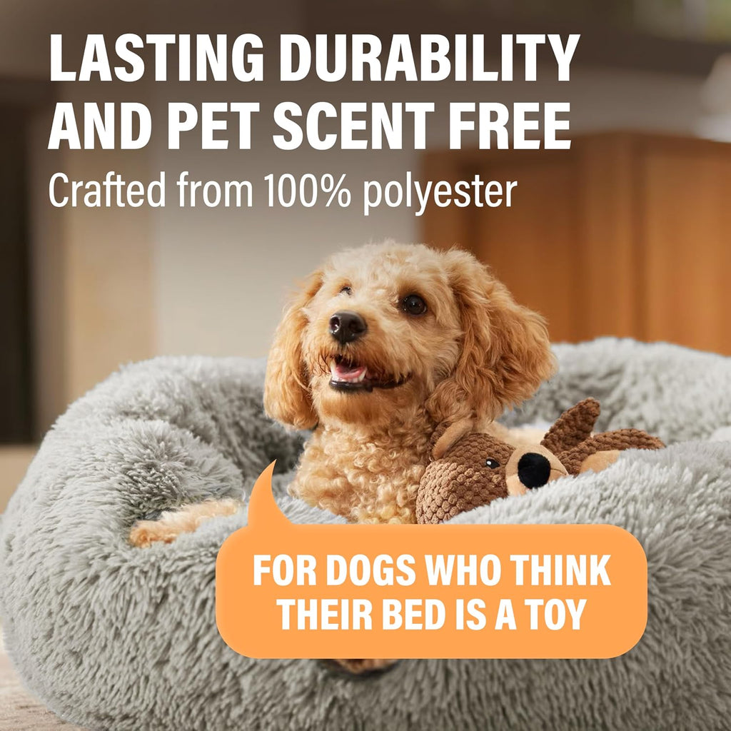 Premium Large Donut Dog Bed, Fits Up to 100 lbs, Machine Washable Cushion, Plush Long Pile Faux Fur Fabric, Portable