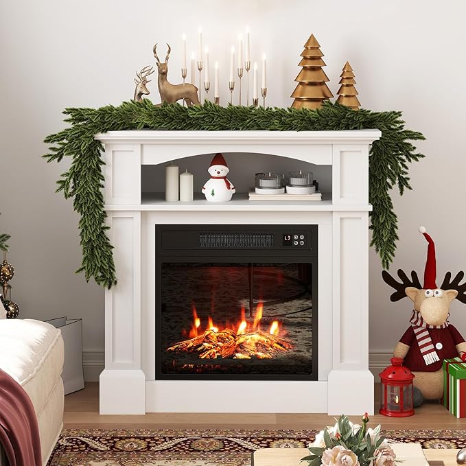 32 Inch Electric Fireplace with Mantel, Freestanding Wooden Fireplace Surround with 18 Inch Insert Heater, 3 Flame Effects, Remote Control, Timer and Overheat Protection, White