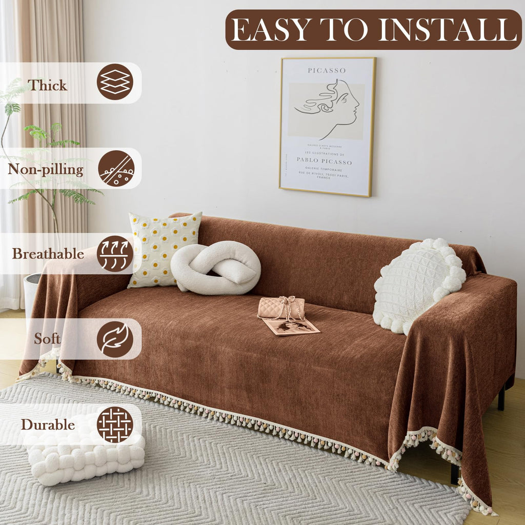 Boho Style Sofa Cover with Tassels, Washable & Non-Slip Couch Cover for 3 Cushion Sofa, Herringbone Pattern