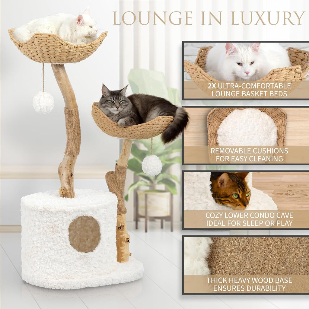 Cat-Tree Tower | Modern Cat Furniture | Real Wood Branch Scratching Post | White | 46"