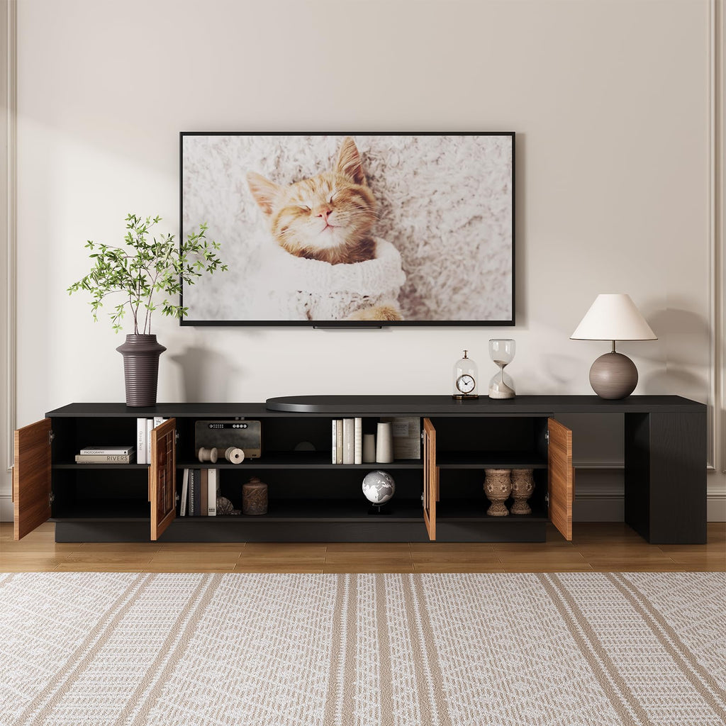 70.1"-100" Mid Century Modern TV Stand for 85" 90" 100" TVs, Extendable TV Stand with 4 Storage Cabinets, Adjustable