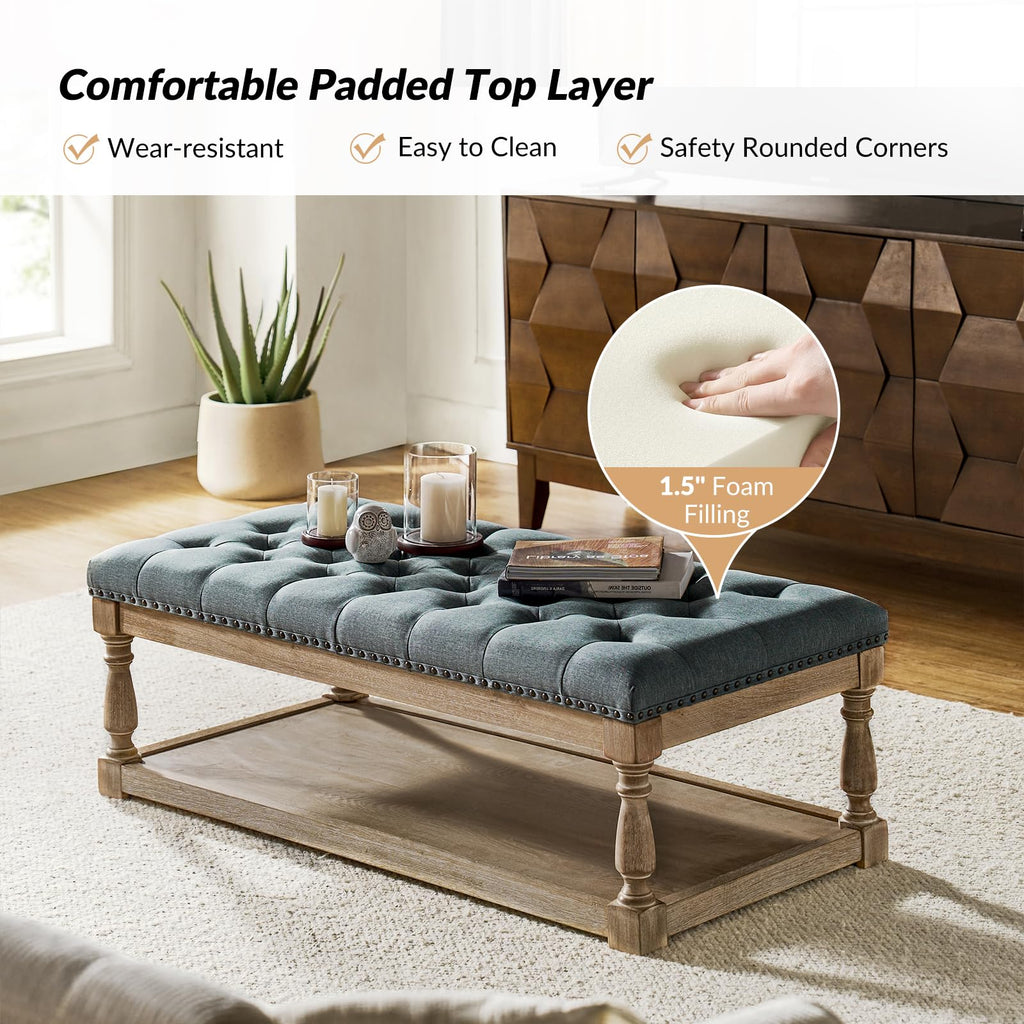 Storage Tufted Ottoman Coffee Table with Solid Wood Legs, Blue