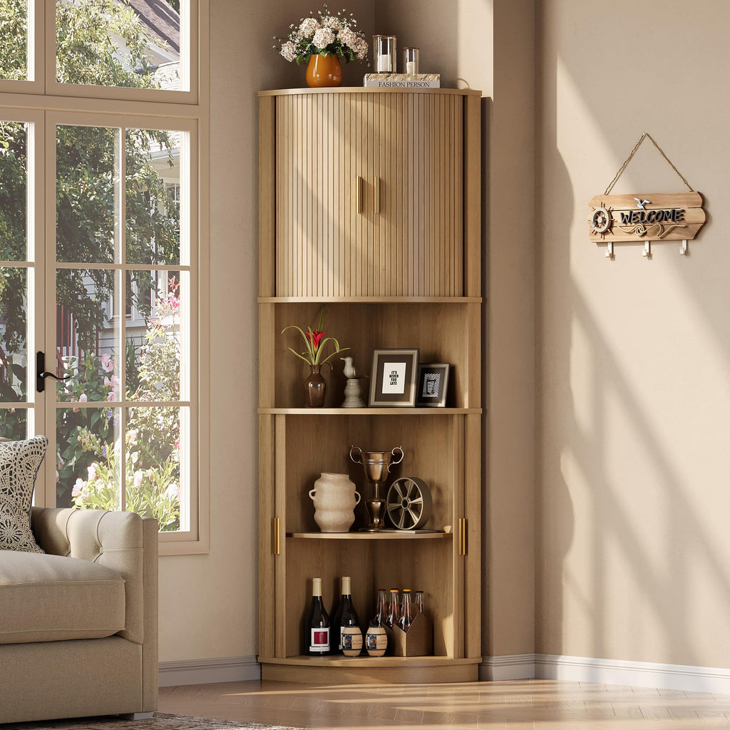 65.8'' Tall Corner Storage Cabinet with Fluted Sliding Doors, Wine Bar Cabinet with Storage, Mid-century Modern