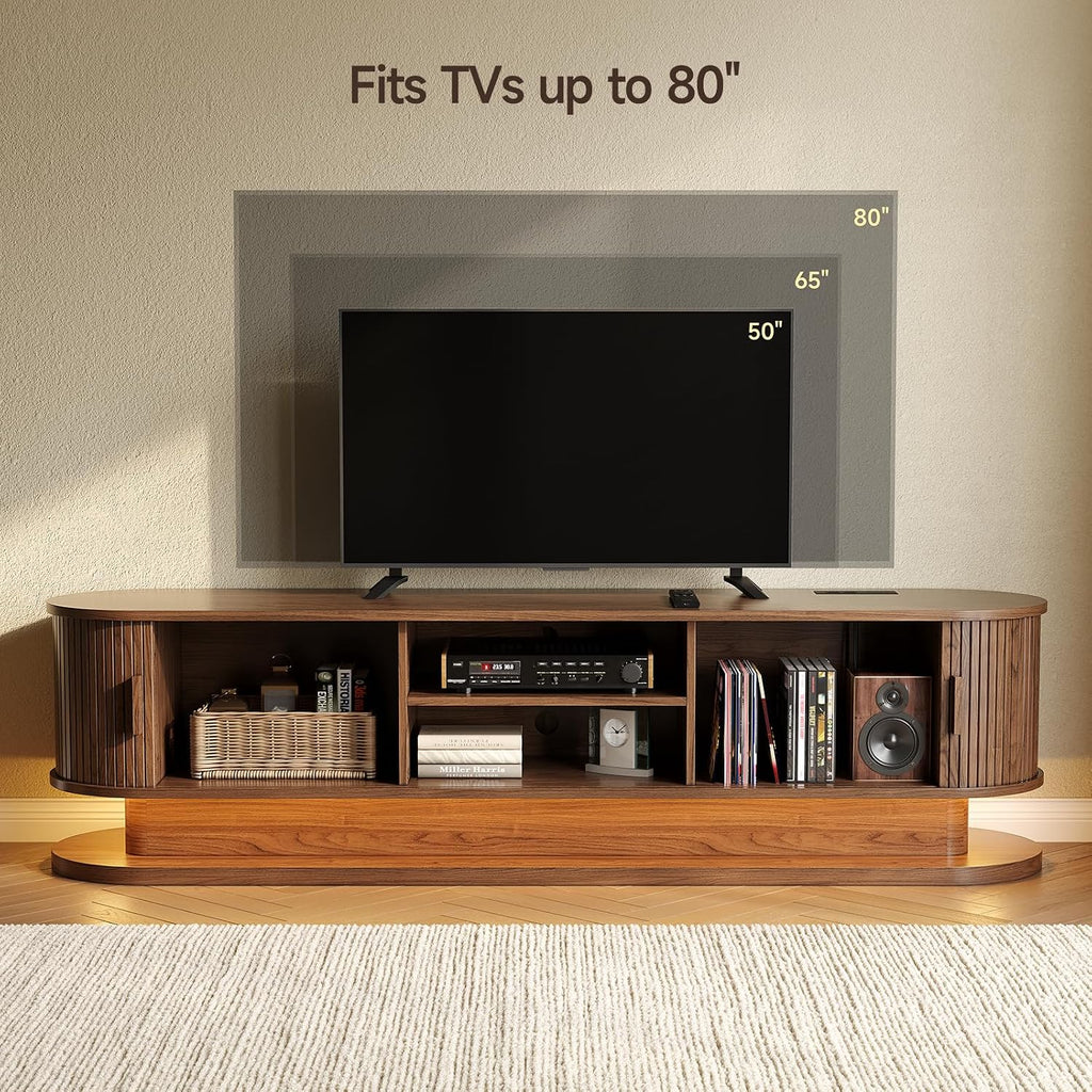 70" TV Stand up to 80 Inch, Entertainment Center with LED Lights and Storage, Mid Century Modern Fluted TV Console