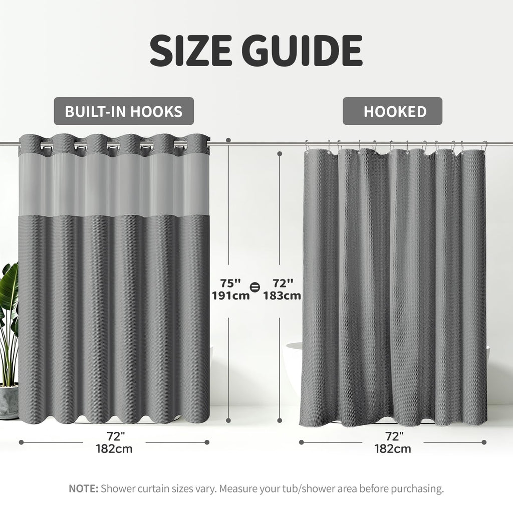 Ringless Waffle Weave Fabric Shower Curtain Set, Grey, 72"x75"