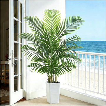Artificial Palm Tree 5FT - Tall Fake Tree with White Taper Planter & Pebbles, UV Resistant, Large Potted Faux Plant