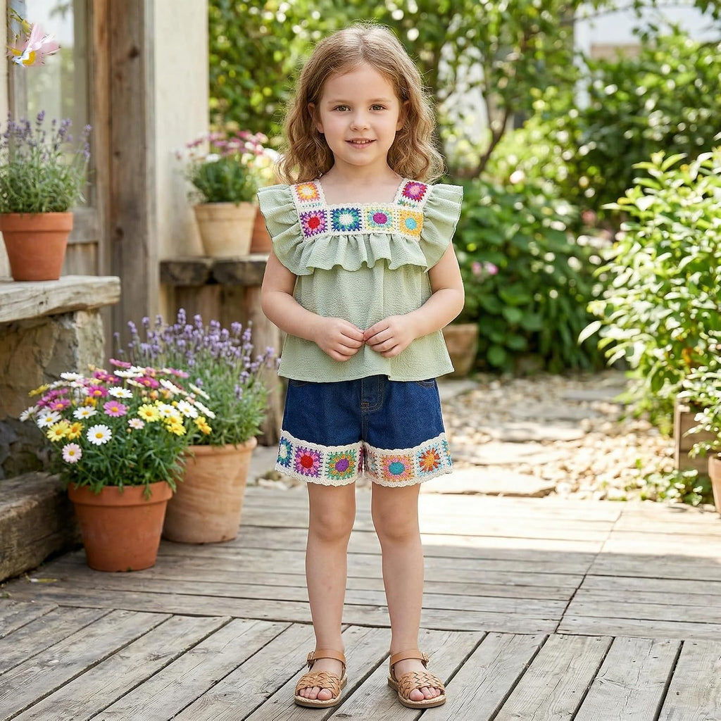 Toddler Girls Ruffle Crochet Tops Denim Shorts Set