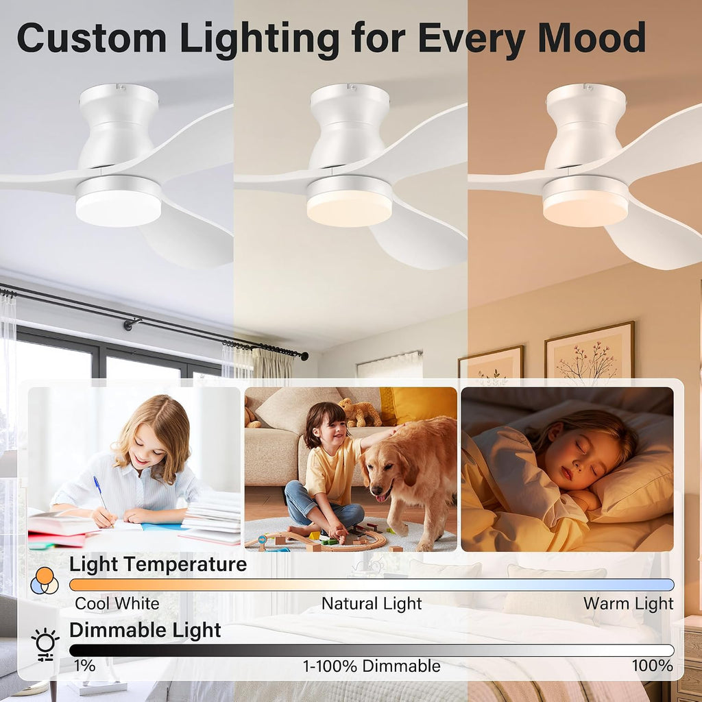 42 Inch Smart Flush Mount Ceiling Fan with Light and Remote - Low Profile, 3 Solid Wood Blades, Dimmable LED, Works with Alexa & Google - White