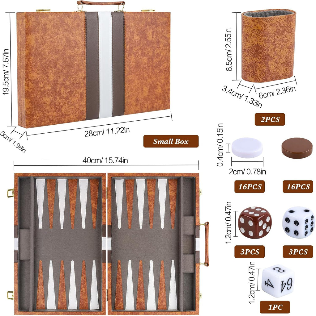 Backgammon Set, 11 Inch Portable Board Game with PU Leather Case for Adults, Brown Backgammon Travel Set