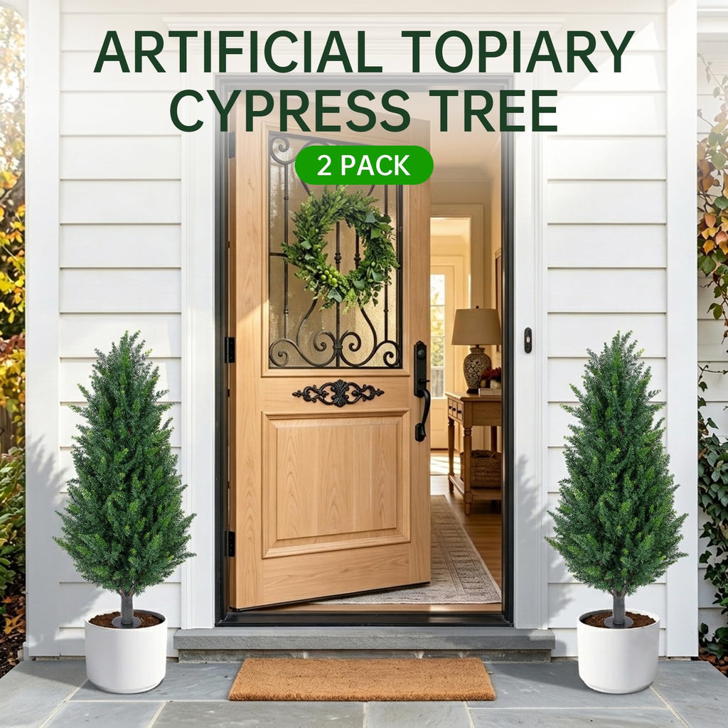 3FT Artificial Cedar Topiary (2 Pack) with Ground Spike, Home & Garden Decor