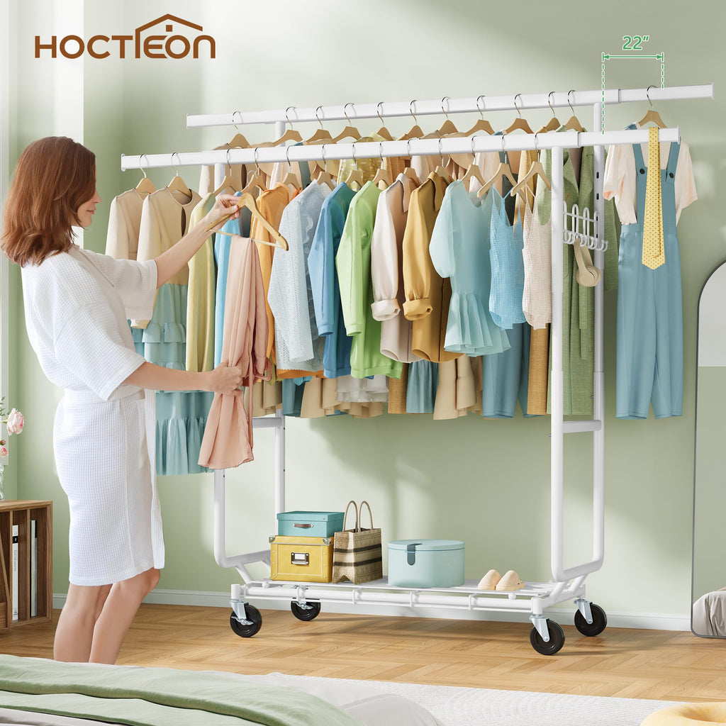 2-Minute Assembly Double Rod Clothes Rack, Heavy Duty Rolling Clothing Racks with Wheels, Foldable Commercial Garment