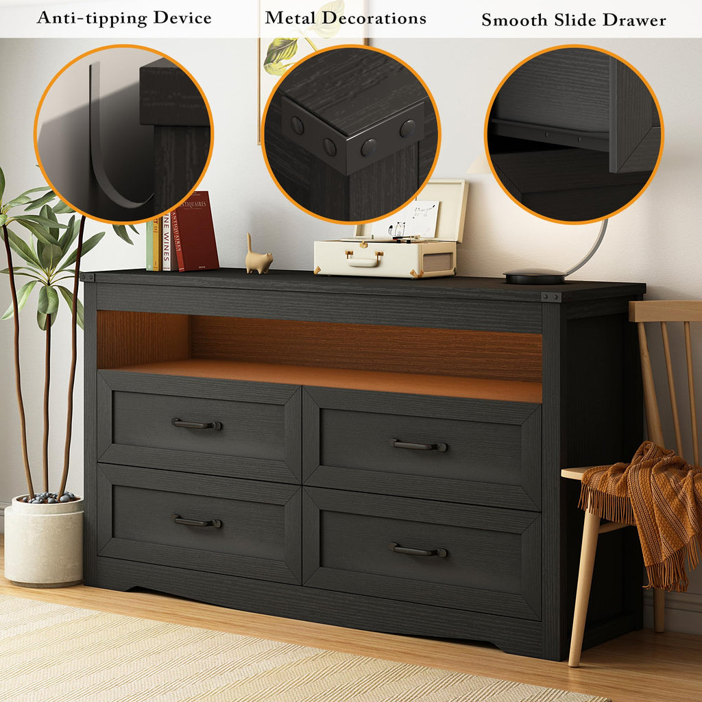 Black Dresser, Wood 4 Drawer Dresser with LED Light, Dressers & Chests of Drawers with Metal Handles, Storage and