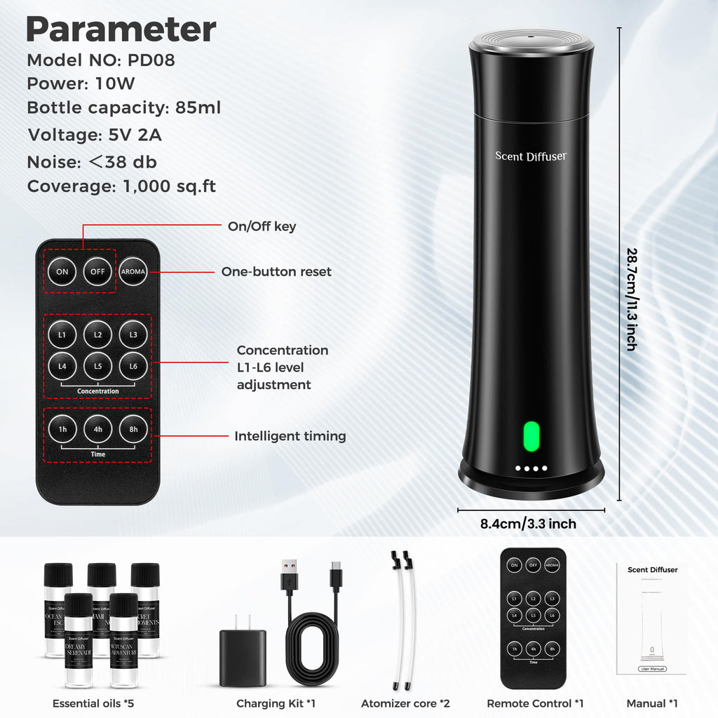Waterless Scent Diffuser Kit - Covers 1, 500 sq. ft. Suitable for Large Rooms, Home, Offices, and Hotels. Includes