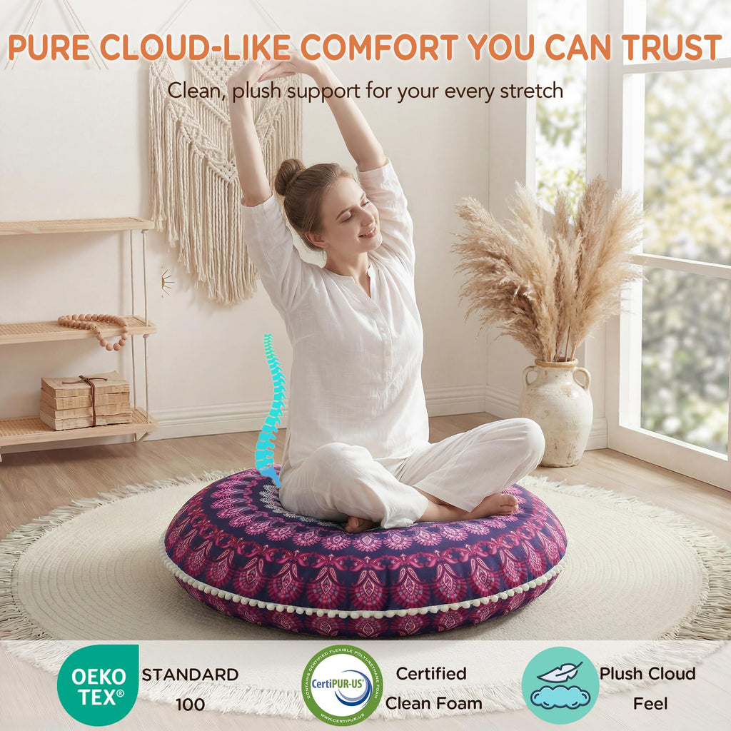 32 Inch Round Floor Pillow, Large Meditation Pouf Cushion, Memory Foam Stuffer Circle Throw Pillows - (Purple