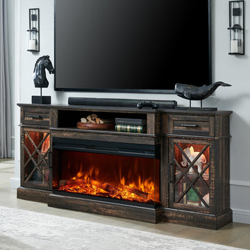 3-Sided Glass Farmhouse Fireplace TV Stand for TVs up to 80'', Highboy Entertainment Center with Glass Door Storage