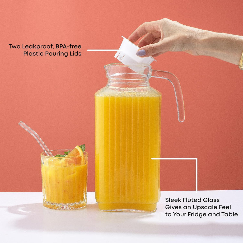 60oz Glass Pitcher with Lid (2 Lids) - Beverage Serveware and Storage Container for Cold Drinks and Liquids. Juice