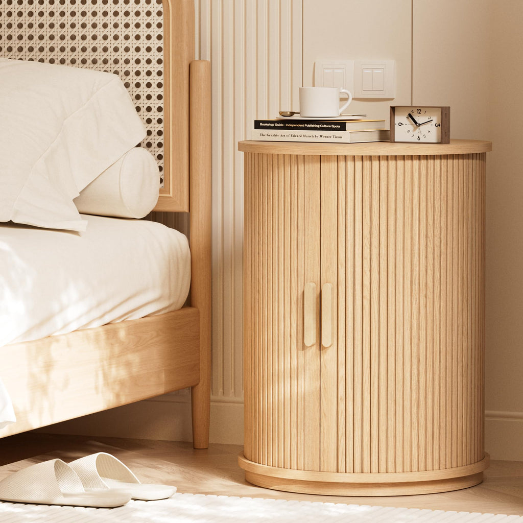Side Table with Storage for Hoom, Round End Table with Sliding Tambour Door, Wood Night Stand Nightstand Bedside