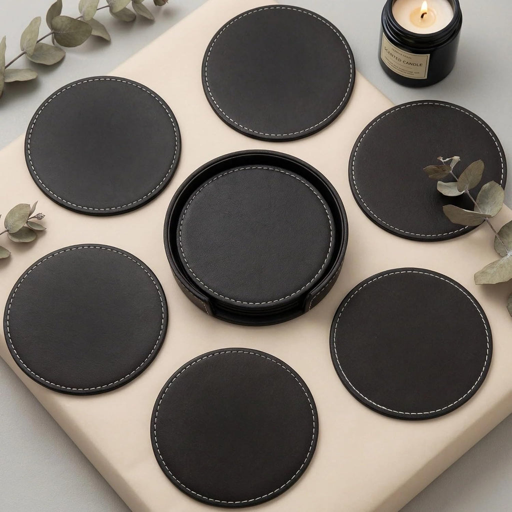 PU Leather Black Bar Drink Coasters with Non-Slip Design - Set of 6