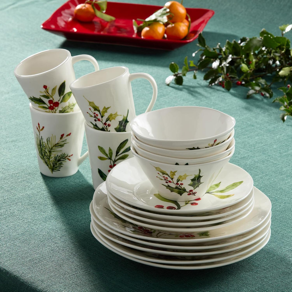 Holly and Vines Christmas Dinnerware Set - Piece Stoneware Service for 4 with Artist-Designed Holiday Plates, Mugs