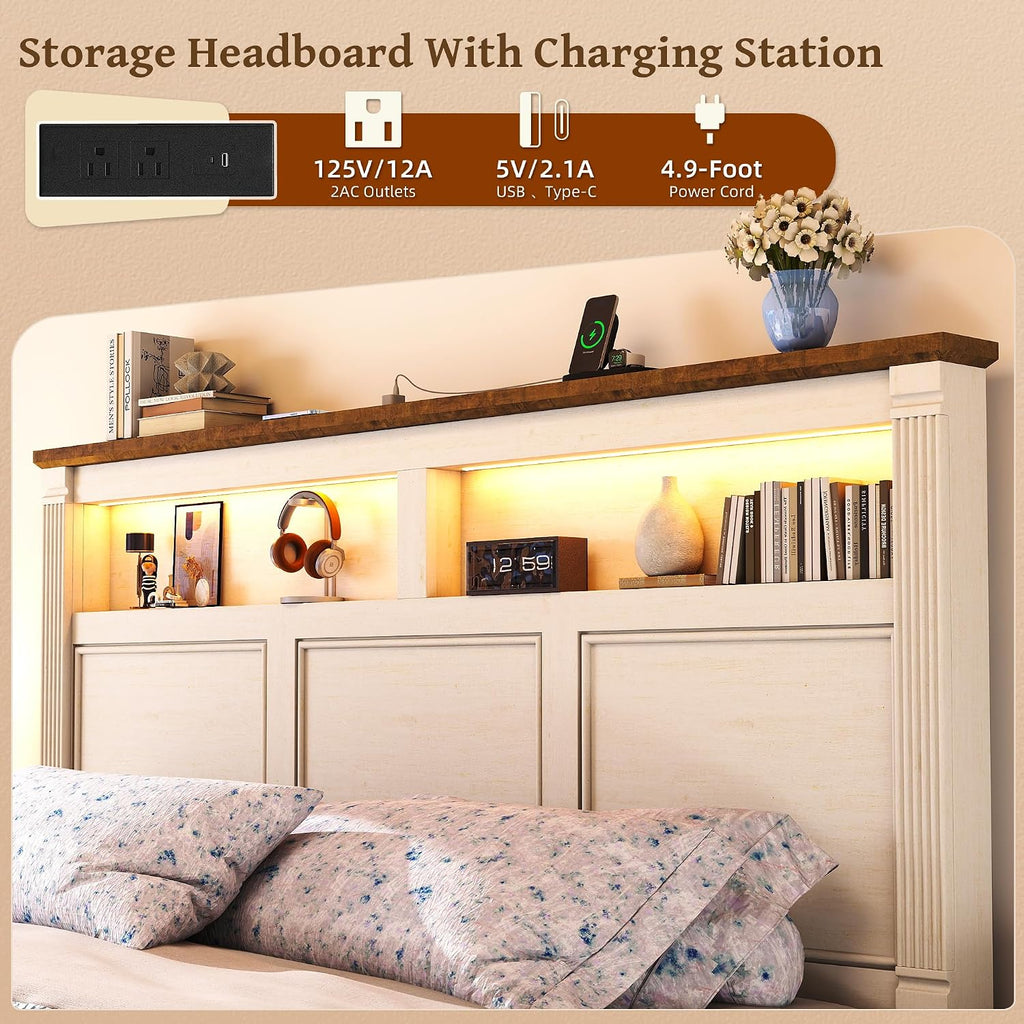 Queen Bed Frame with 2 Storage Drawers, 53" Tall Headboard Farmhouse Platform Bed Frame with Roman Column Decoration