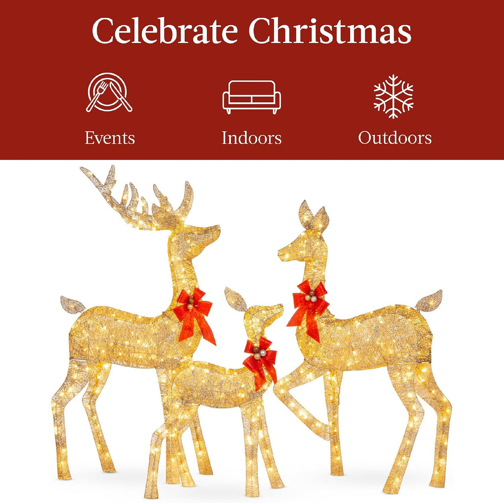 6.5ft 3-Piece Large Lighted Christmas Deer Family Set, Outdoor Yard Decoration with 385 LED Lights, Stakes, Zip Ties