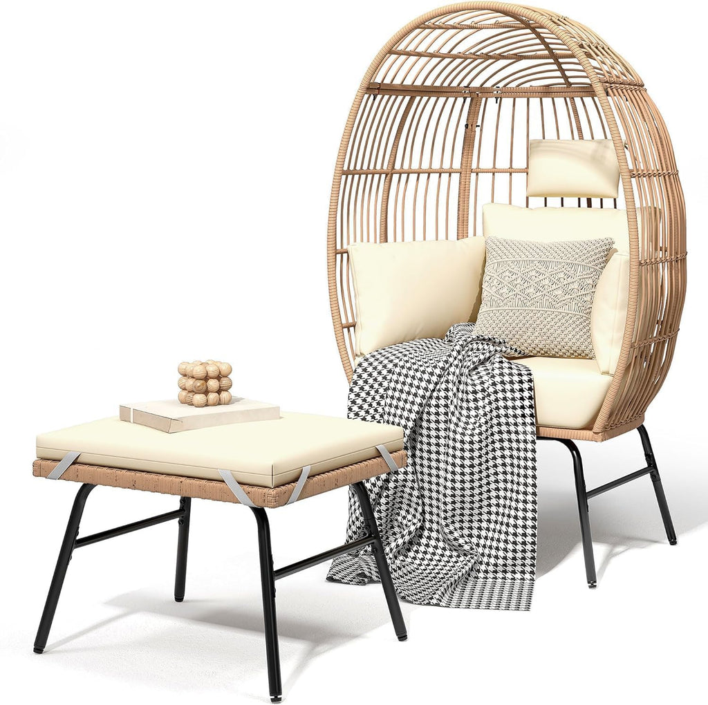 Accent Living Room Egg Chair w/ 2-in-1 Ottoman, Wicker Oversized Basket Chair with 5 Thick Cushions, Footrest, Comfy